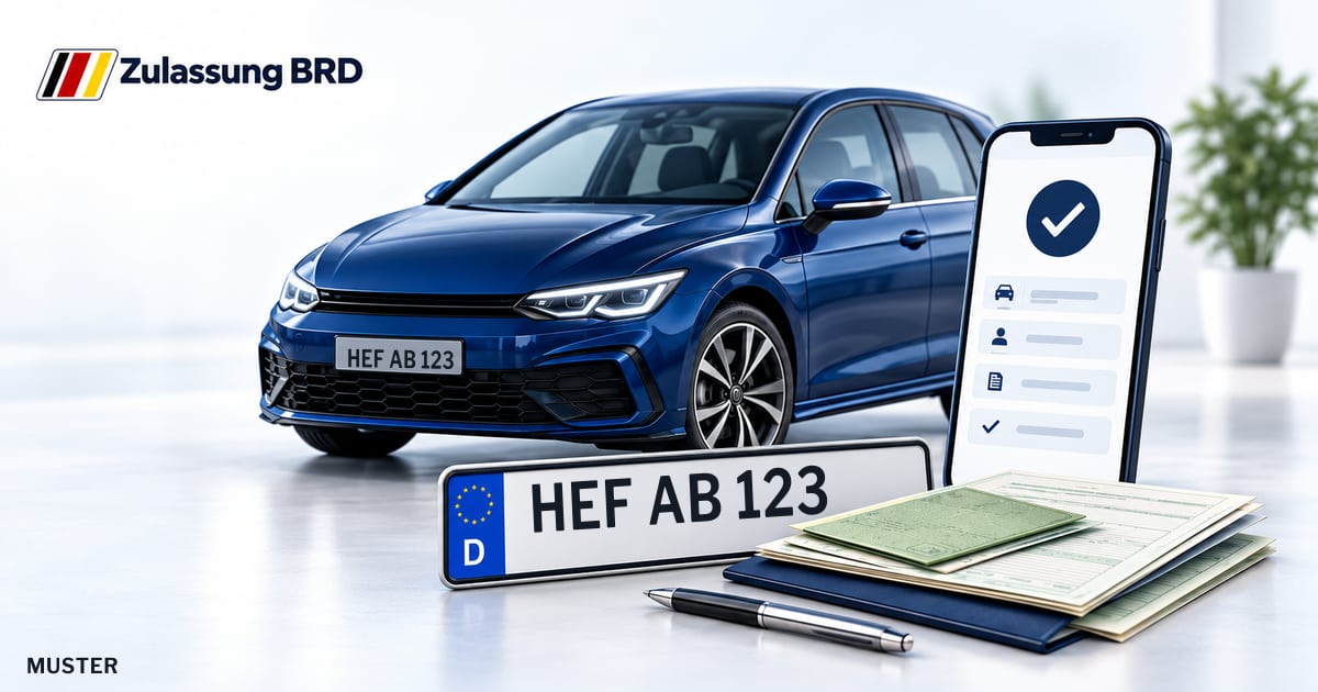Online Fahrzeugzulassung in Bebra: Musterkennzeichen HEF AB 123, Auto und Fahrzeugpapiere und Smartphone. Illustration mit Logo von Zulassung BRD.